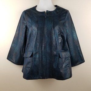 Susan Graver Womens Jacket S Blue Croco-Embossed Brushed Faux Leather 3/4 Slv